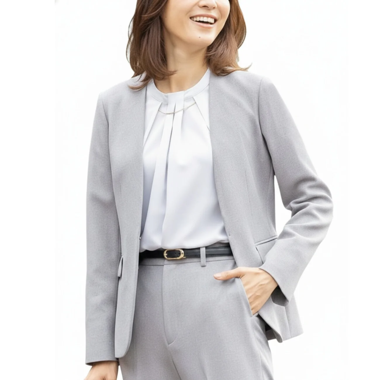 Stretch Melange Collarless Jacket - Light Gray - Image 8