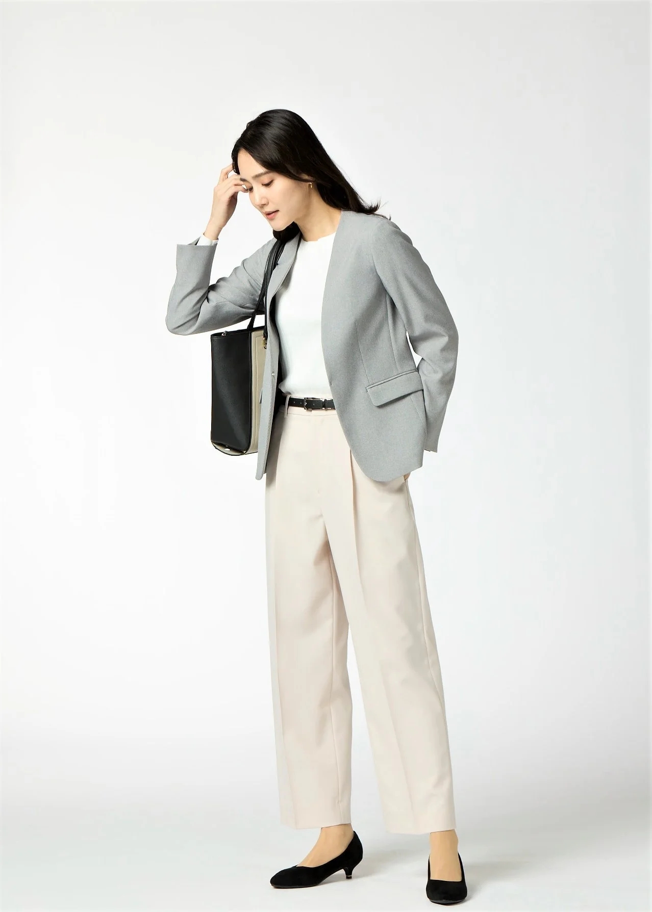 Stretch Melange Collarless Jacket - Light Gray - Image 9