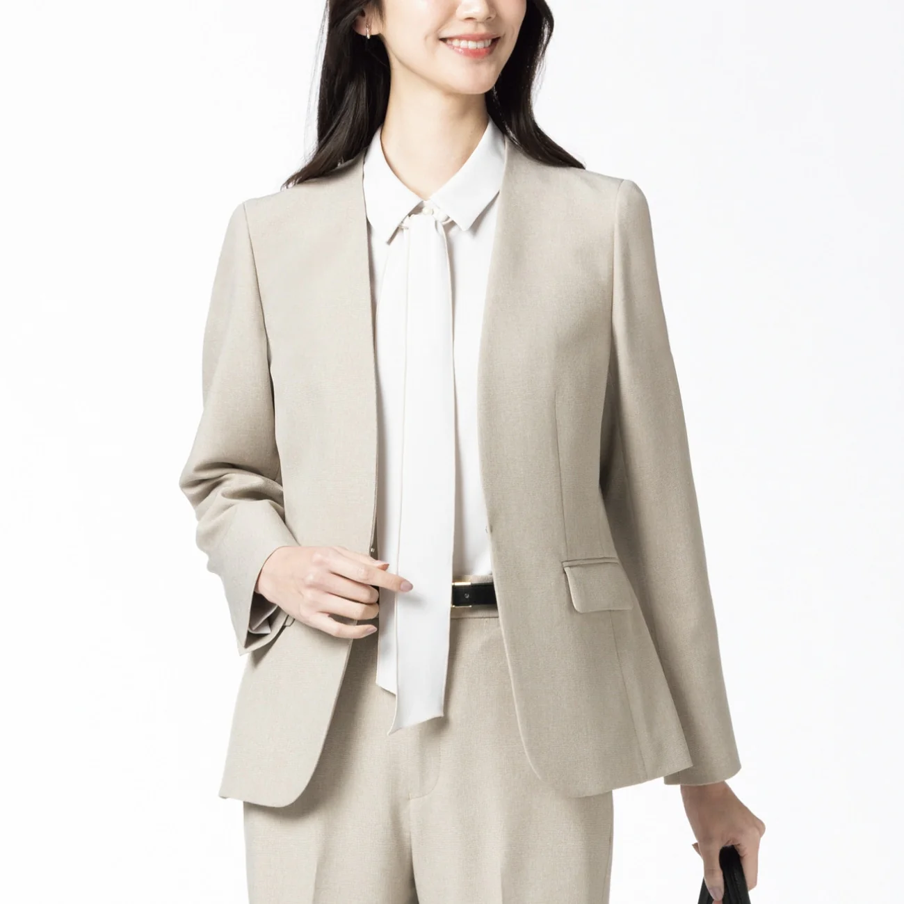 Stretch Melange Collarless Jacket - Beige