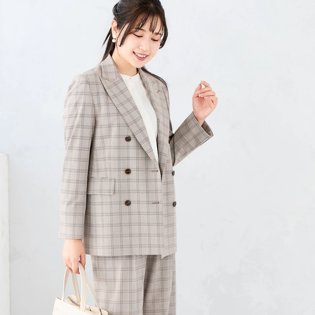 Check Double-Breasted Jacket - Gray Beige