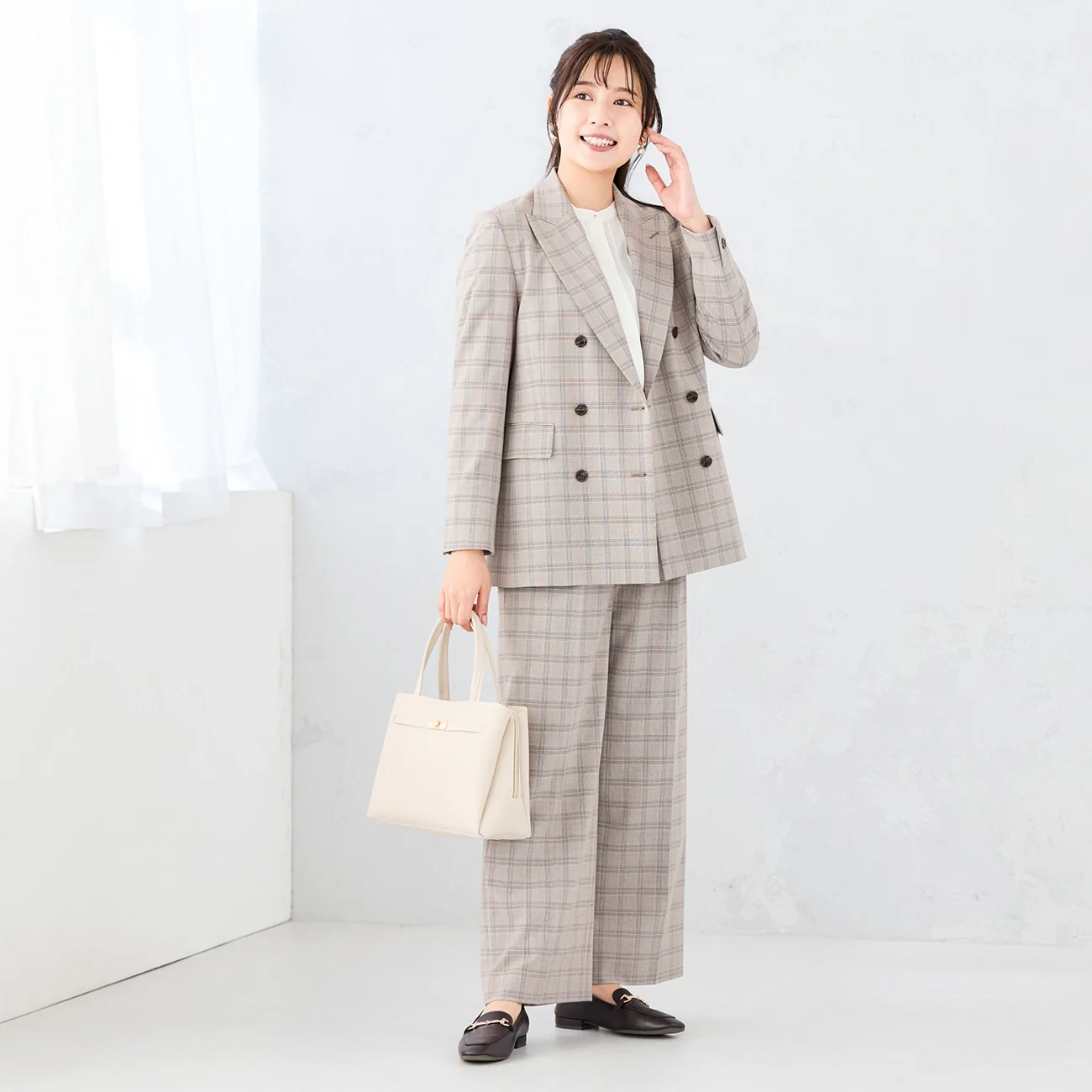 Check Double-Breasted Jacket - Gray Beige - Image 2