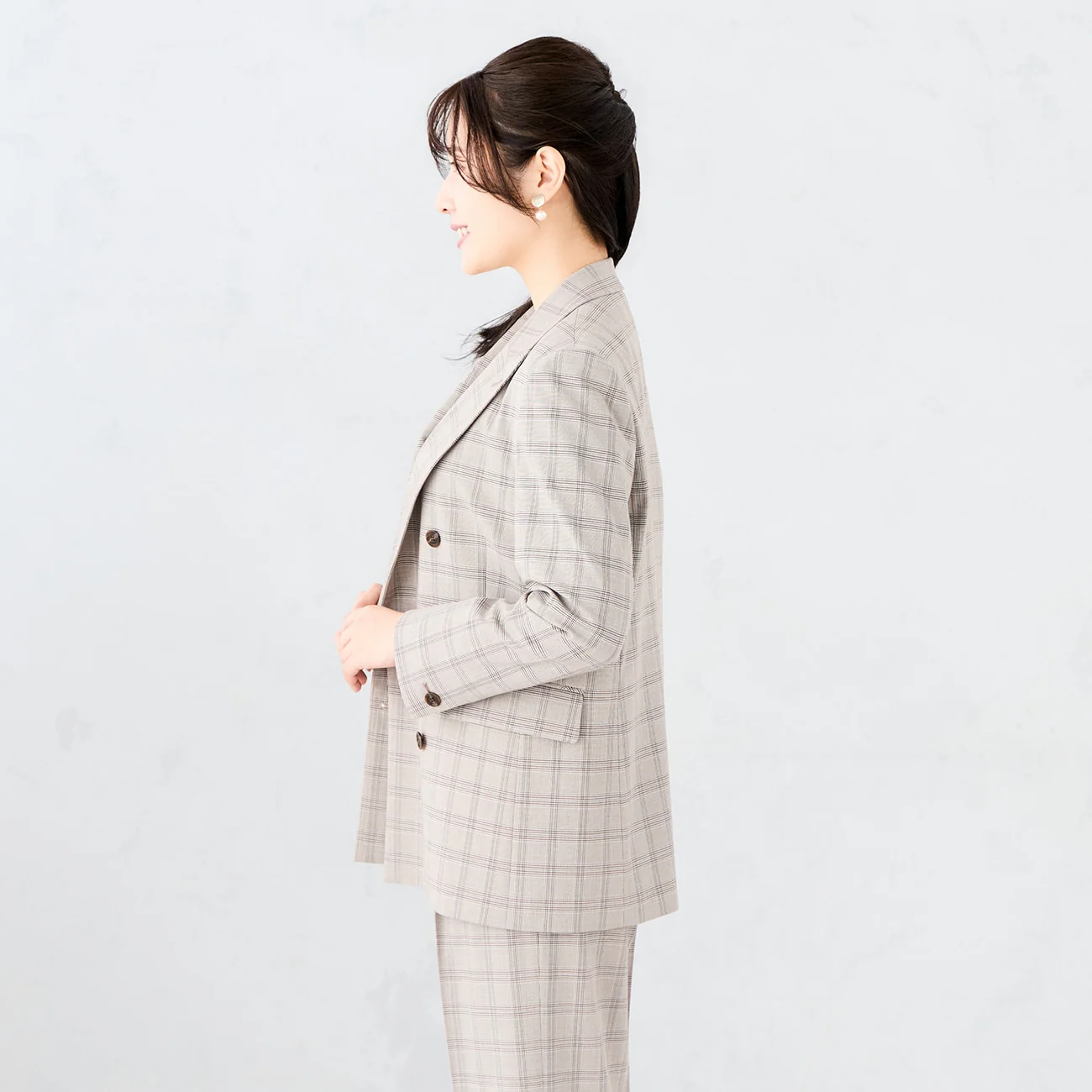 Check Double-Breasted Jacket - Gray Beige - Image 5