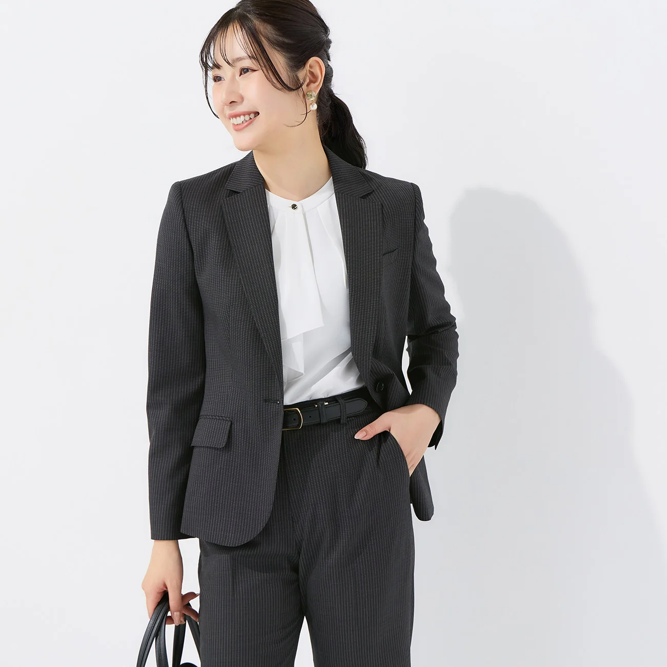 Stretch High-Quality Wool Blend Stripe Tailored Jacket - Black