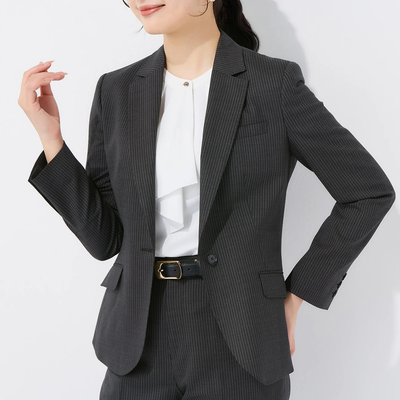 Stretch High-Quality Wool Blend Stripe Tailored Jacket - Black - Image 5