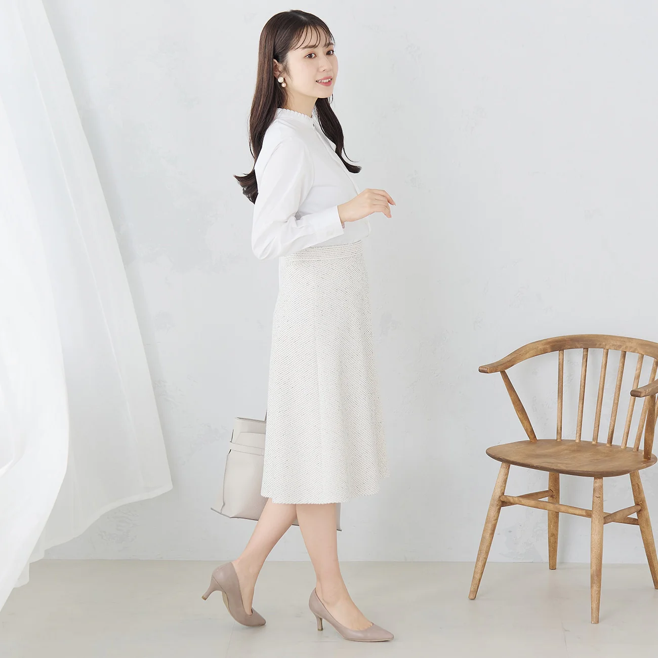 Knit Tweed Flare Skirt - Off White - Image 10