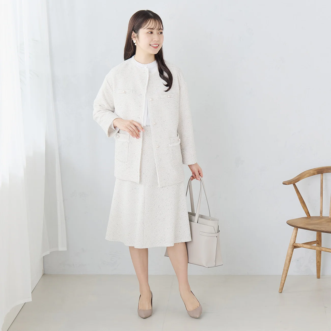 Knit Tweed Flare Skirt - Off White - Image 12