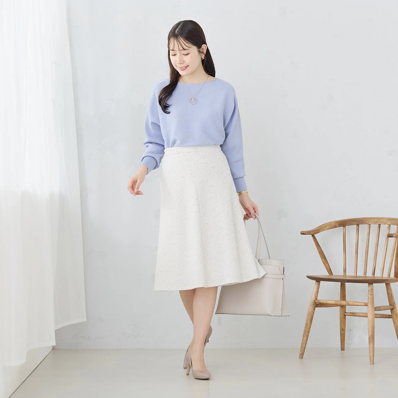 Knit Tweed Flare Skirt - Off White - Image 2