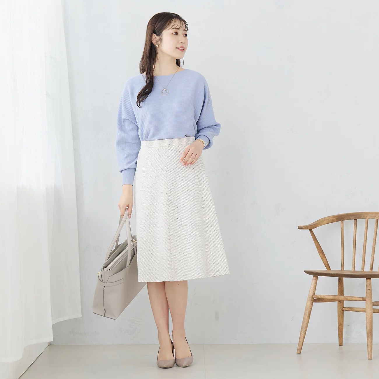 Knit Tweed Flare Skirt - Off White - Image 3