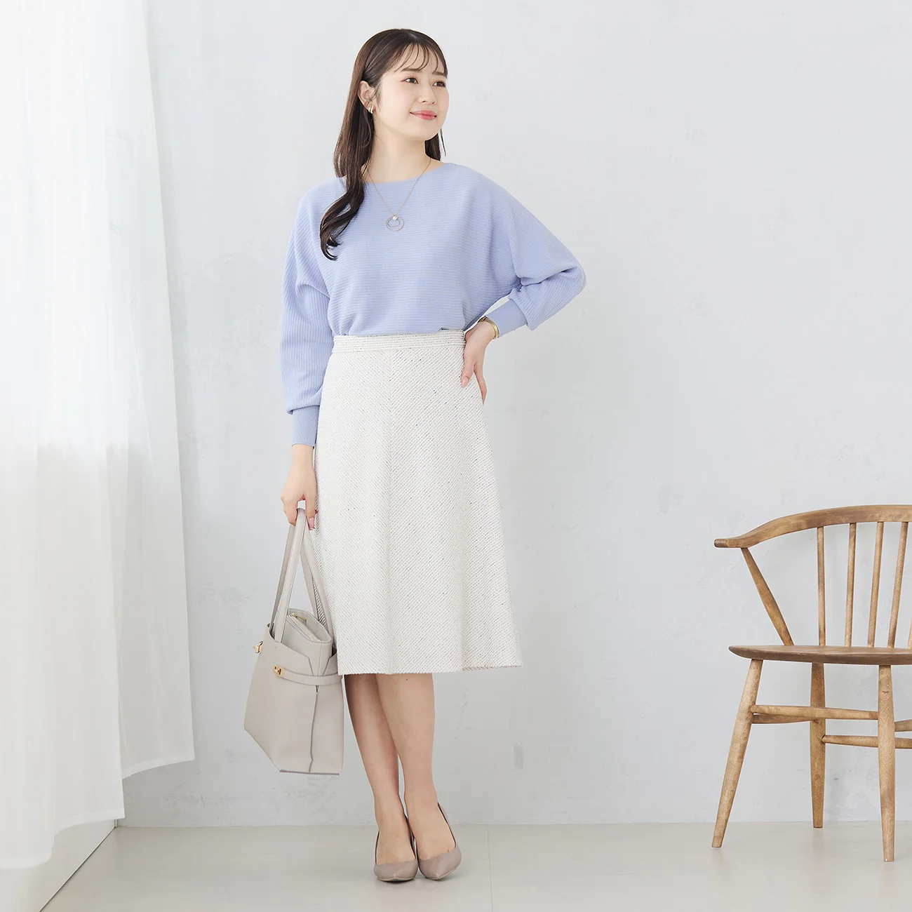 Knit Tweed Flare Skirt - Off White - Image 4