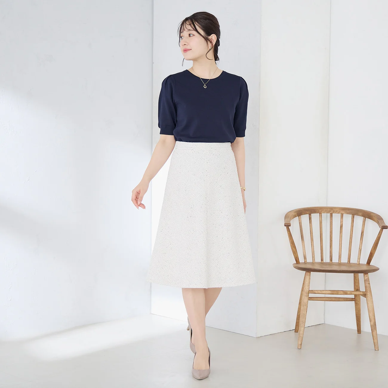Knit Tweed Flare Skirt - Off White - Image 5