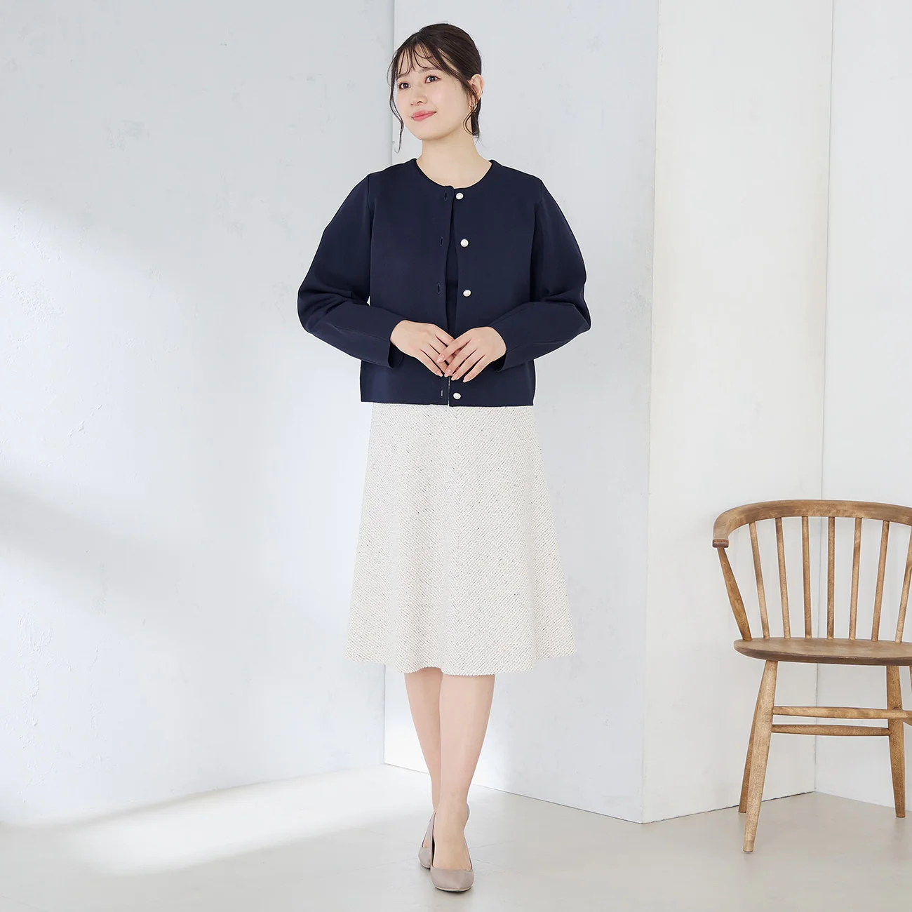 Knit Tweed Flare Skirt - Off White - Image 6