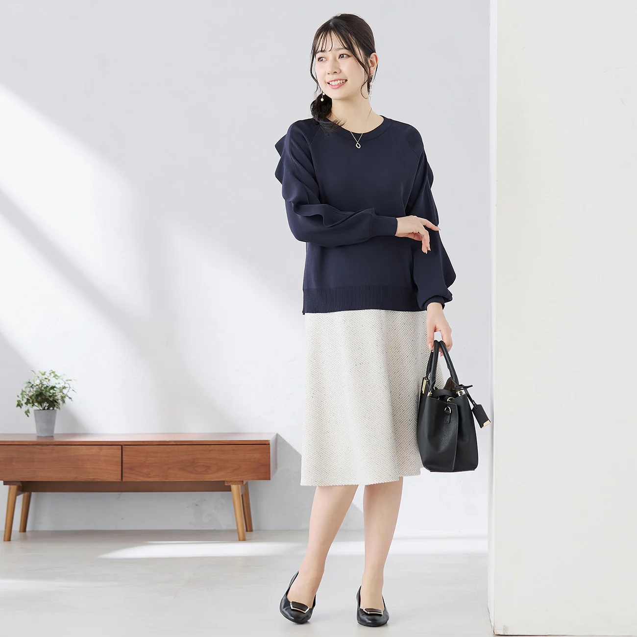Knit Tweed Flare Skirt - Off White - Image 7