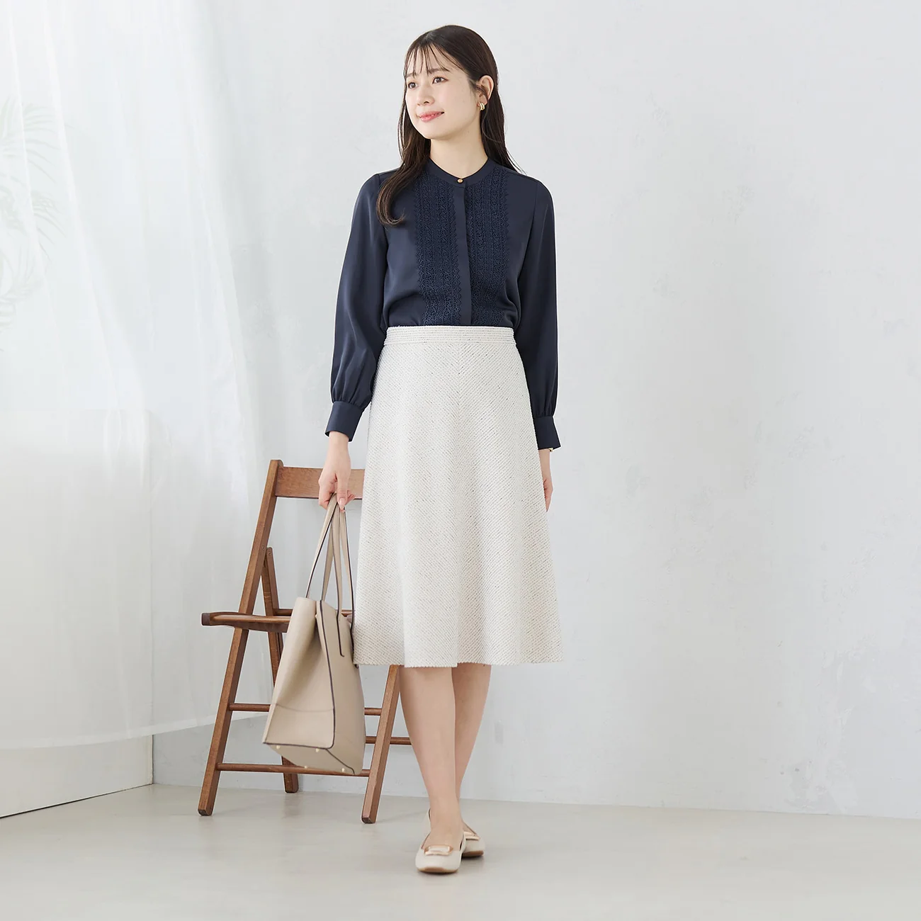 Knit Tweed Flare Skirt - Off White - Image 9