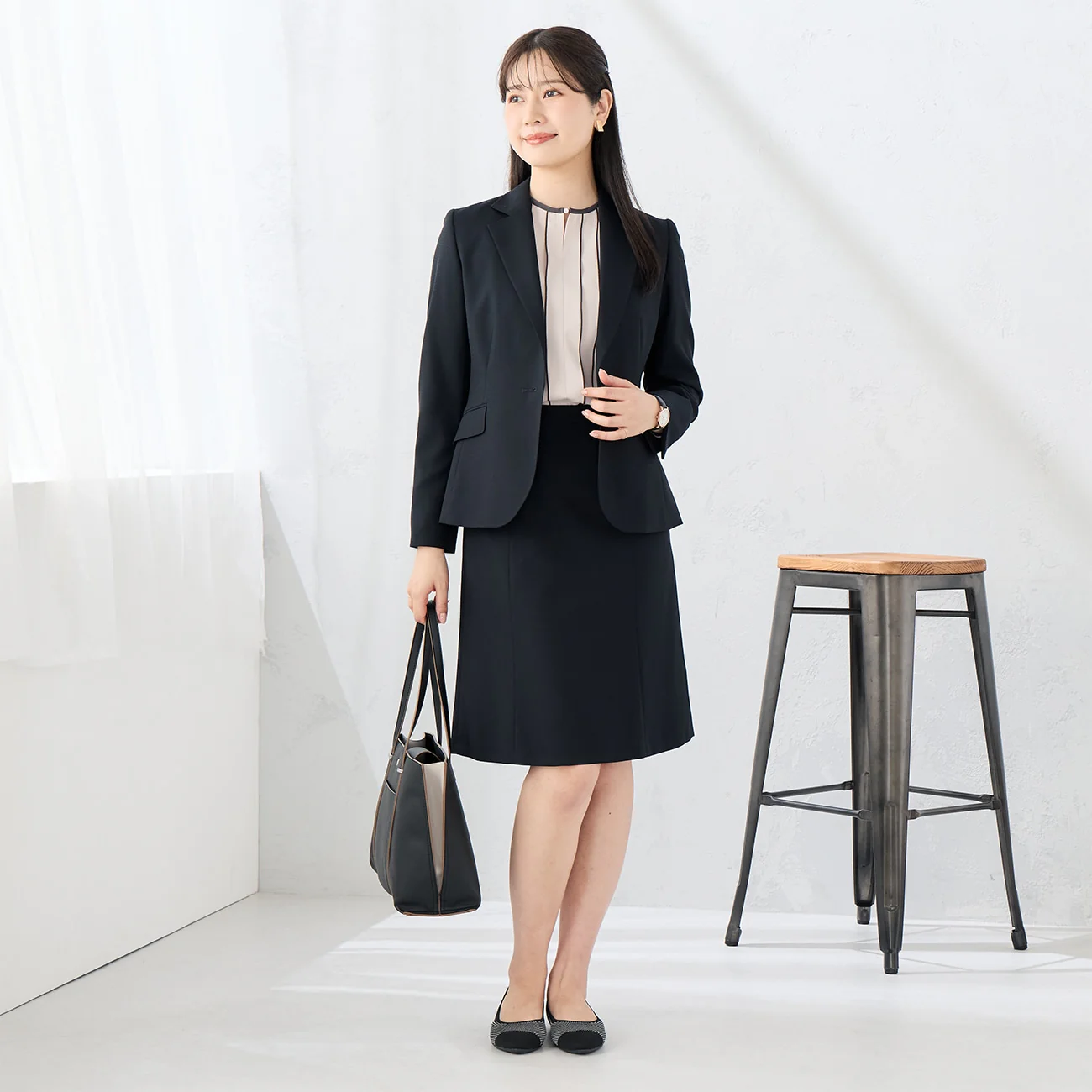 Washable Semi-Flare Skirt -Navy - Image 3