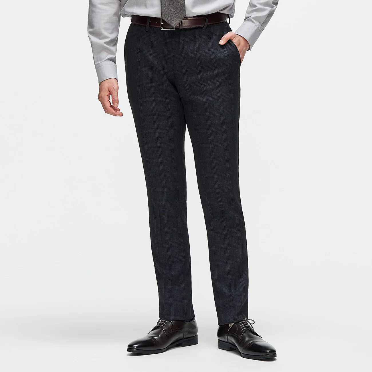 Washable Non-iron Stretch Glen-plaid Tapered Pants - Navy