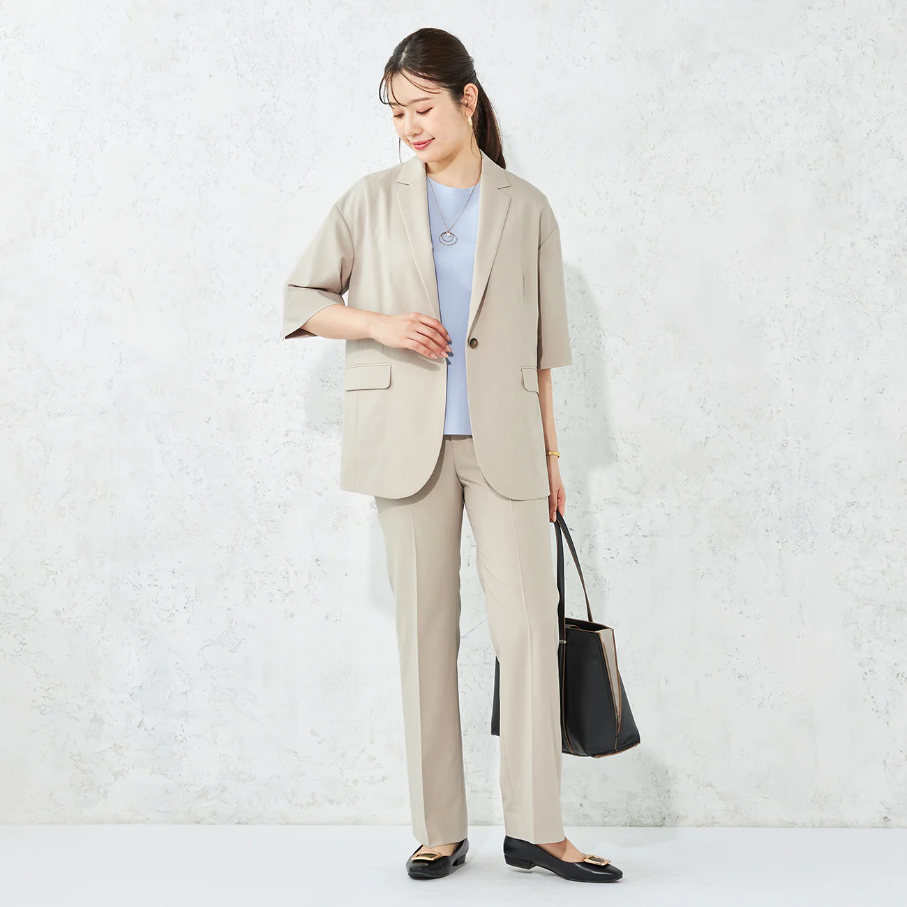 RIRANCHA Stretch Wide Pants - Beige - Image 5