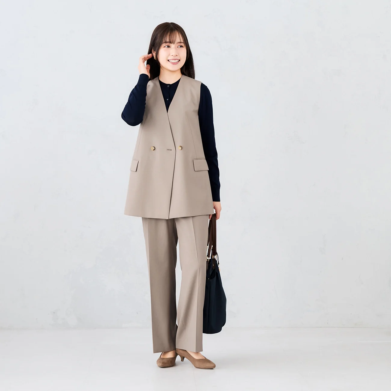Stretch Bright Twill Wide Leg Pants - Beige - Image 2