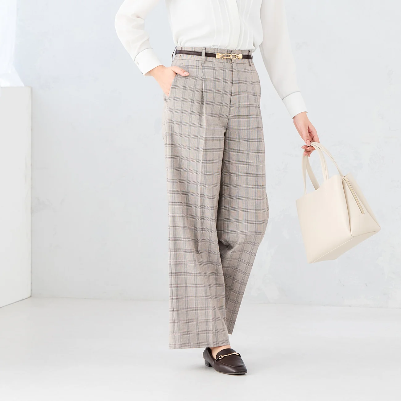Check Wide Pants - Gray Beige