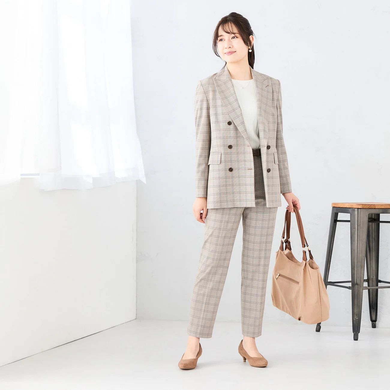 Check Straight Pants - Gray Beige - Image 3