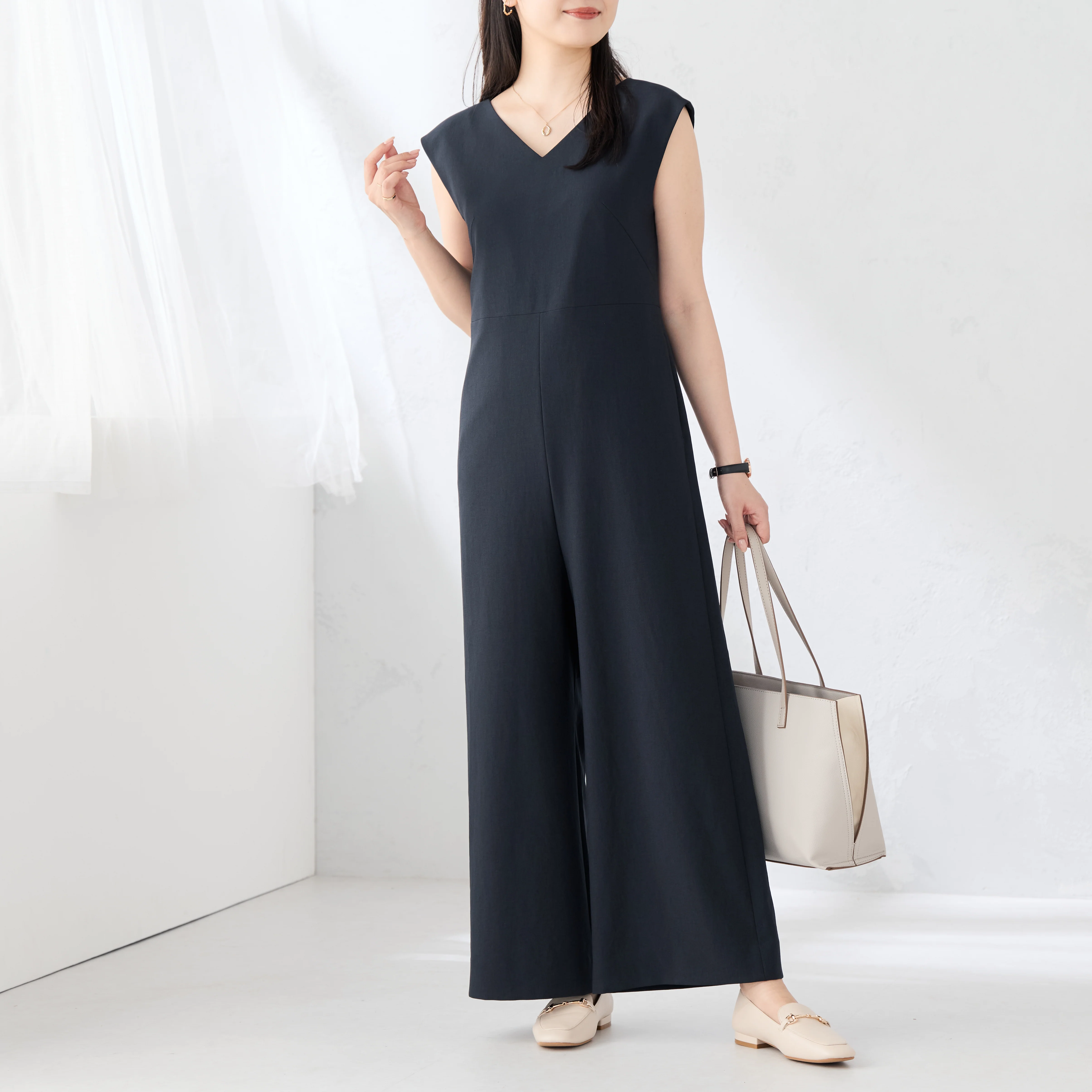 RIRANCHA Stretch Sleeveless Jumpsuit - Navy