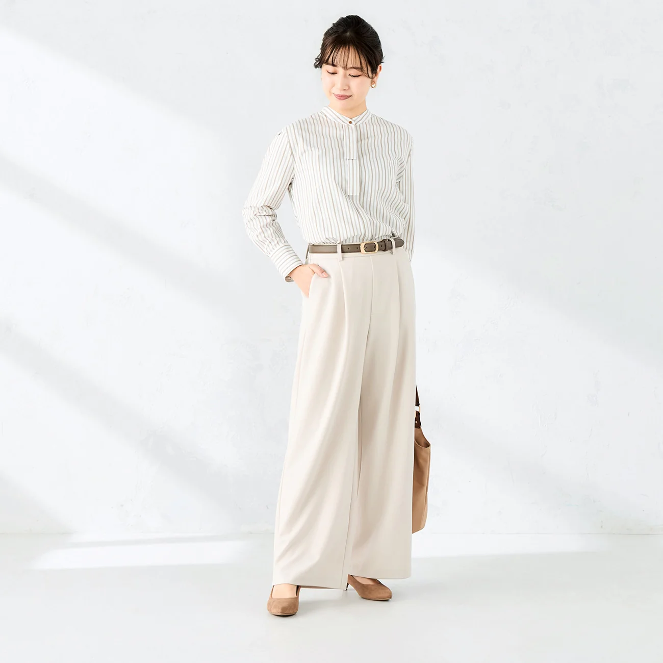 Stripe Band Collar Shirt - Beige - Image 3