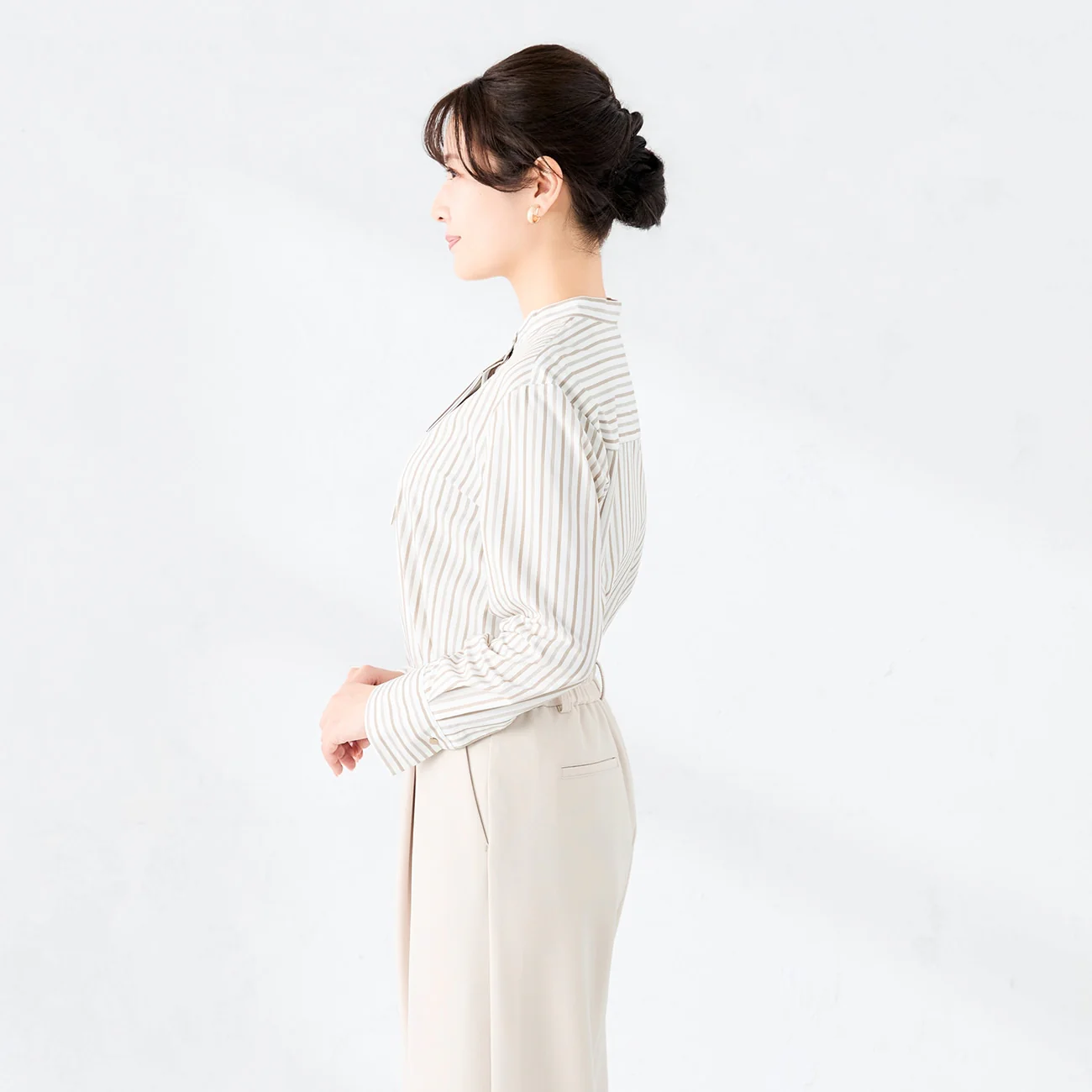 Stripe Band Collar Shirt - Beige - Image 4