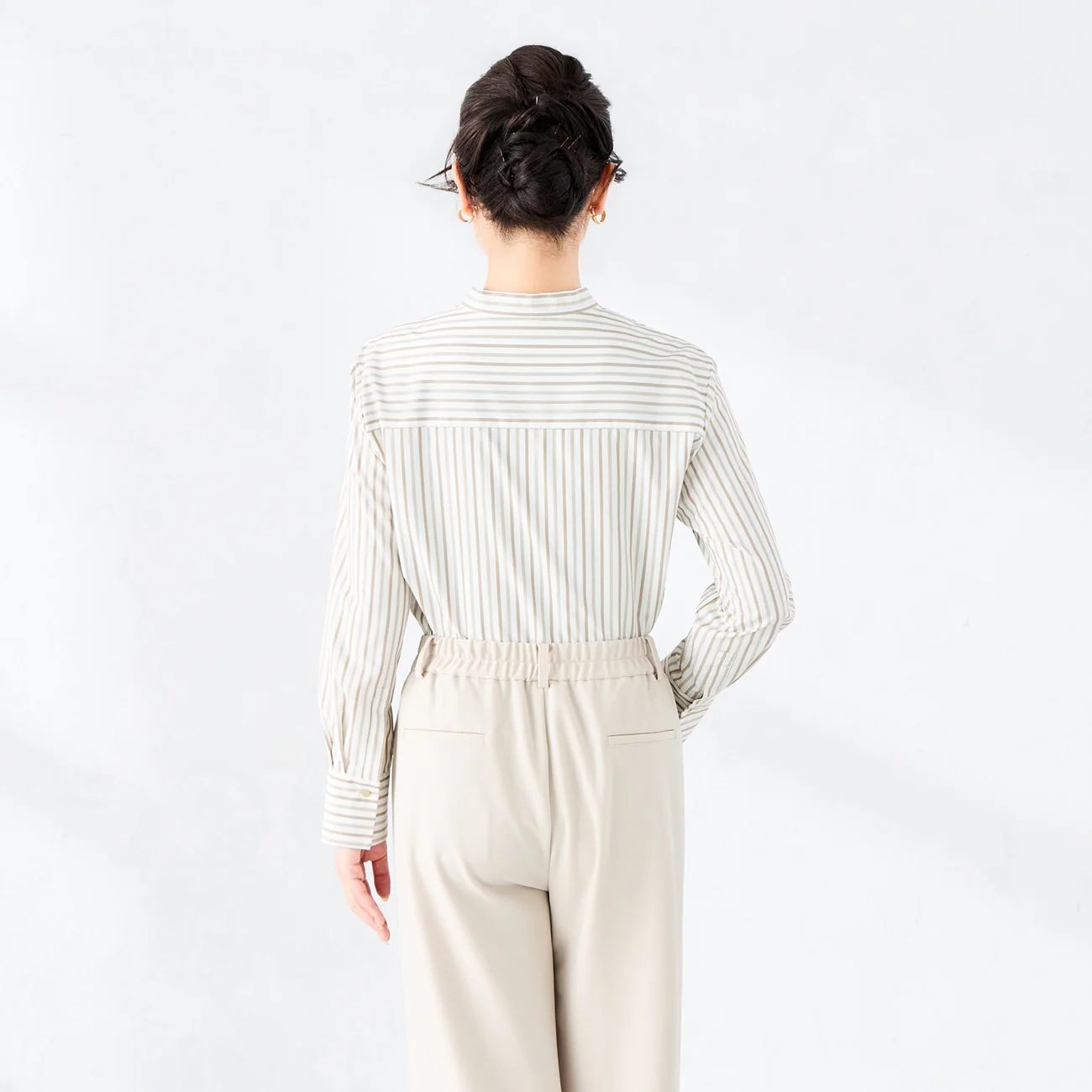 Stripe Band Collar Shirt - Beige - Image 5