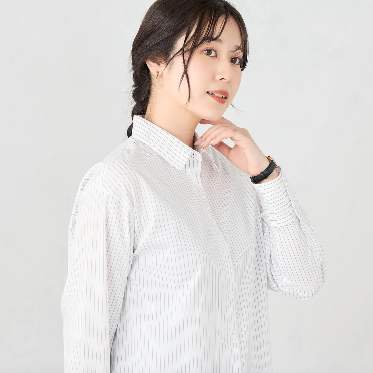 Women's Point Collar Stripe Shirt - White - Image 6