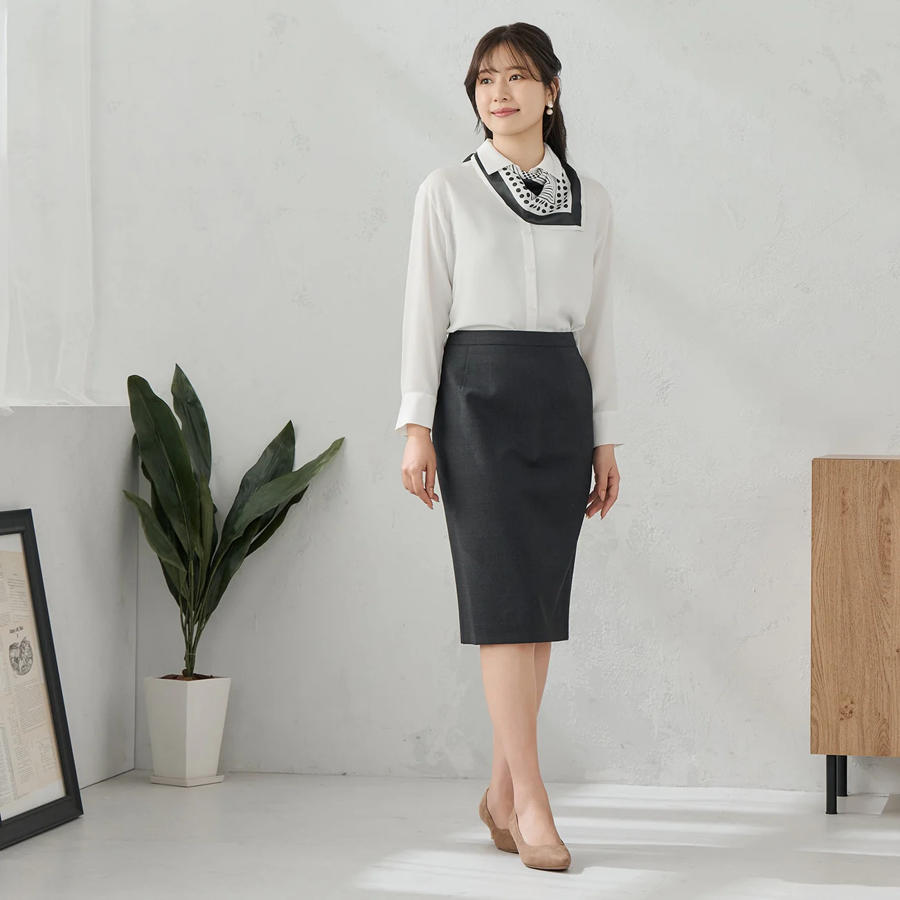 Collared Blouse with Scarf - White - Image 3