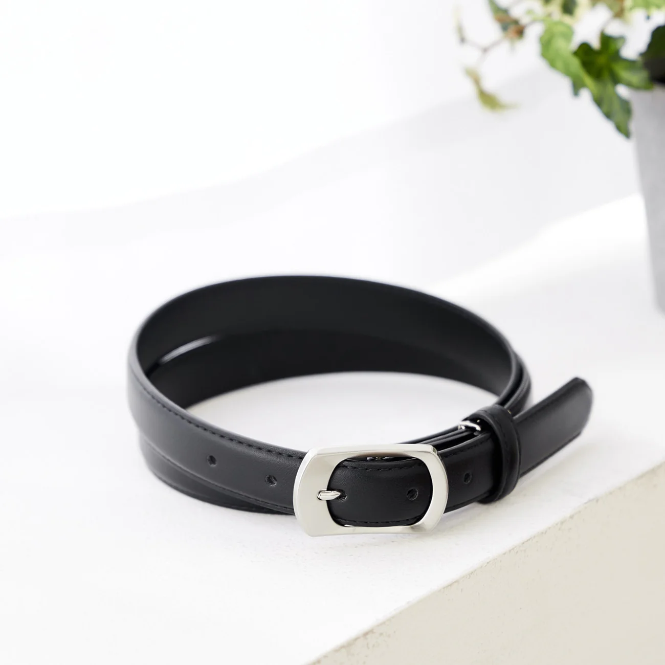 2.5cm Silver Buckle Belt - Black