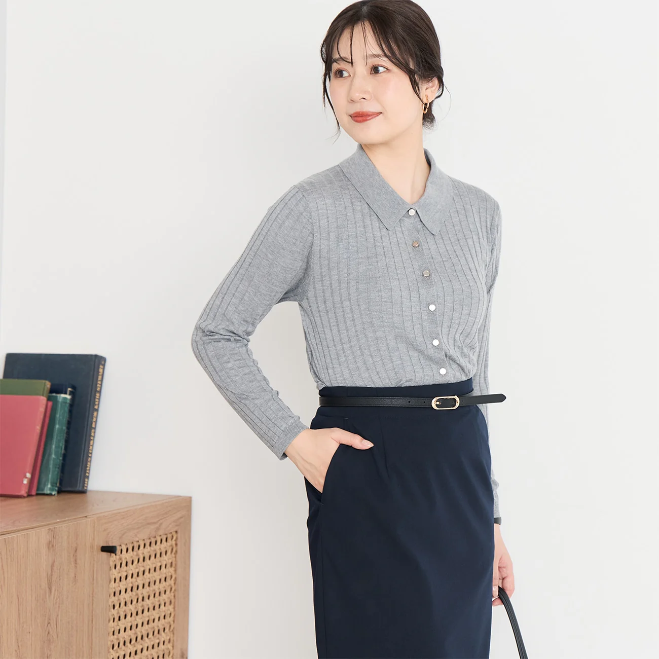 Washable Wool Silk Blend Knit Polo Sweater - Gray