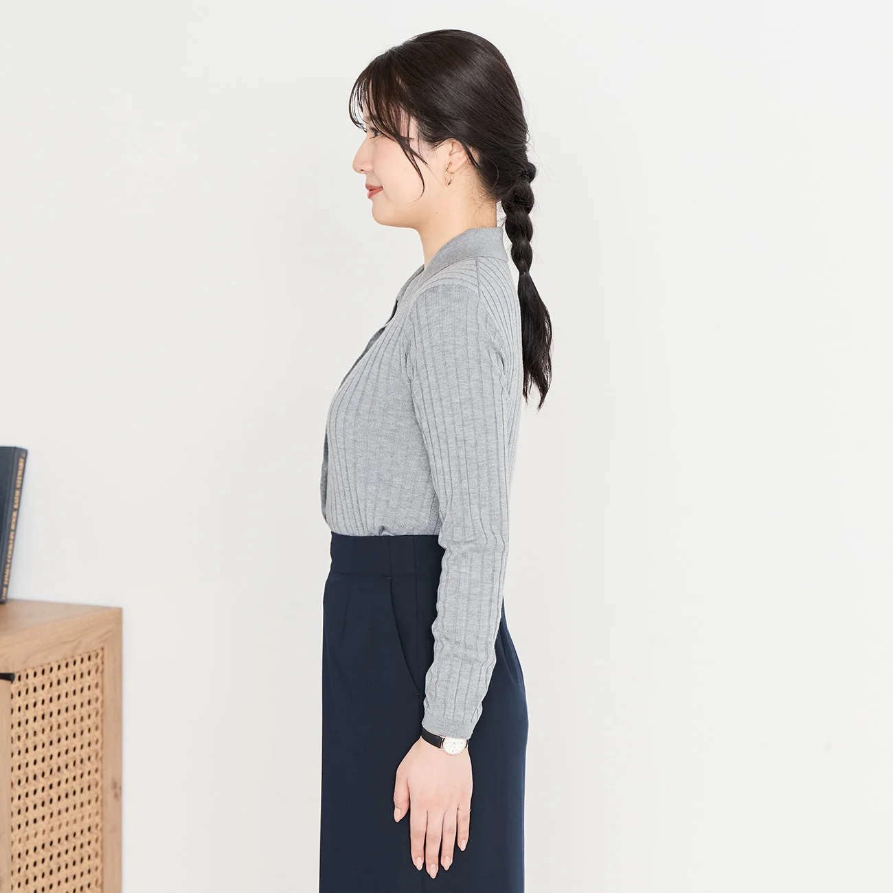 Washable Wool Silk Blend Knit Polo Sweater - Gray - Image 4