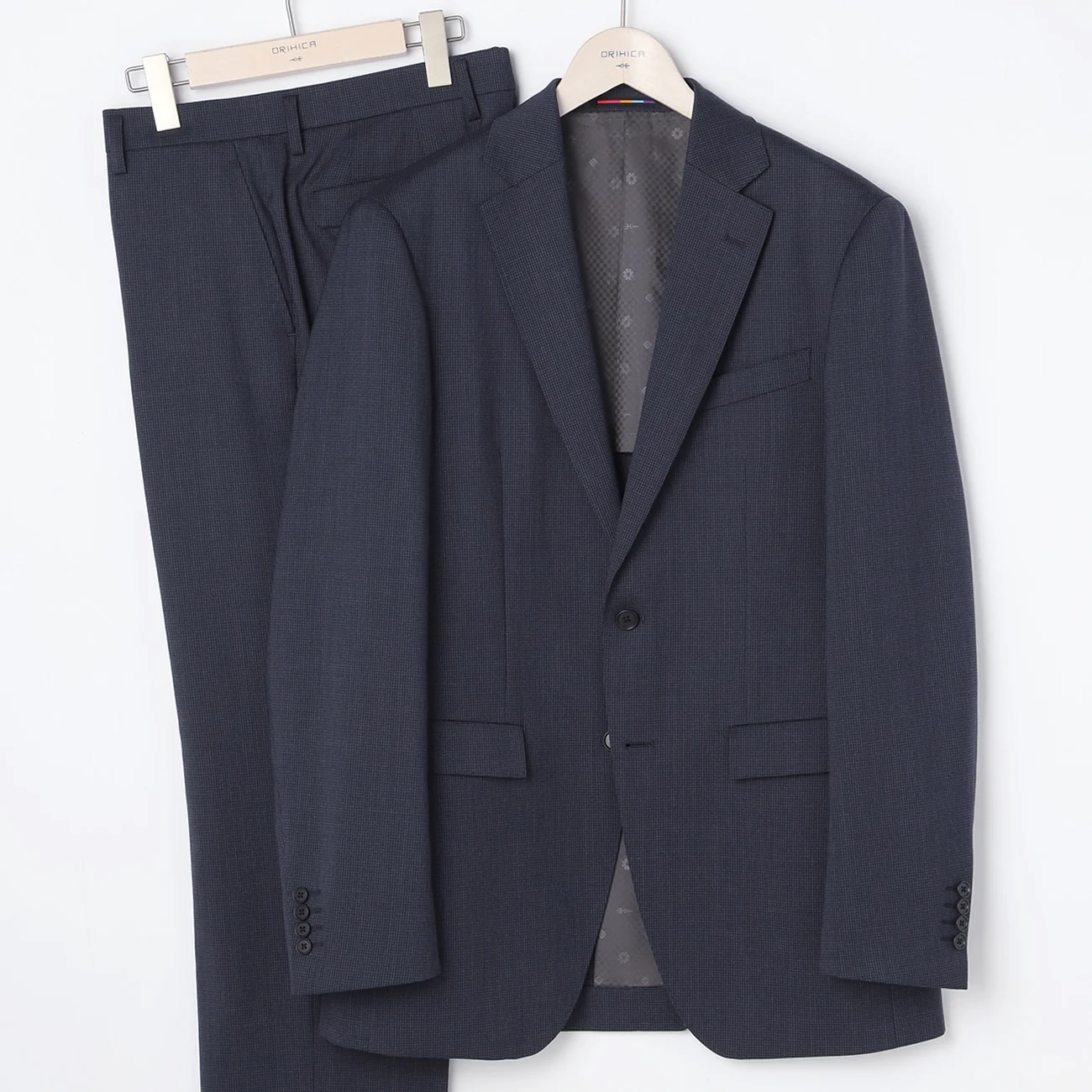 Wool Blend Houndstooth Suit - Navy