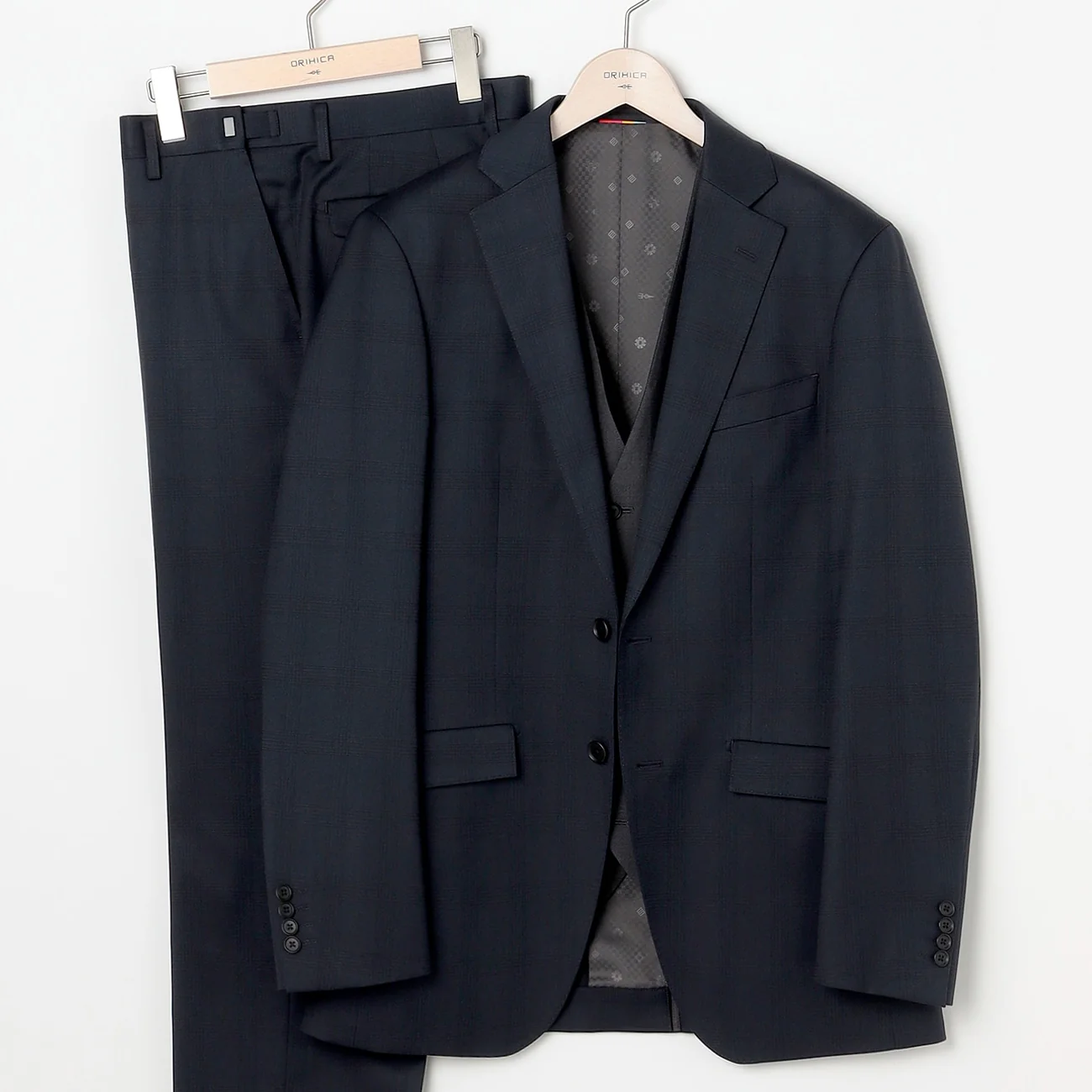 Check Wool Blend 3-Piece Suit with Side Adjuster - Navy - Image 8
