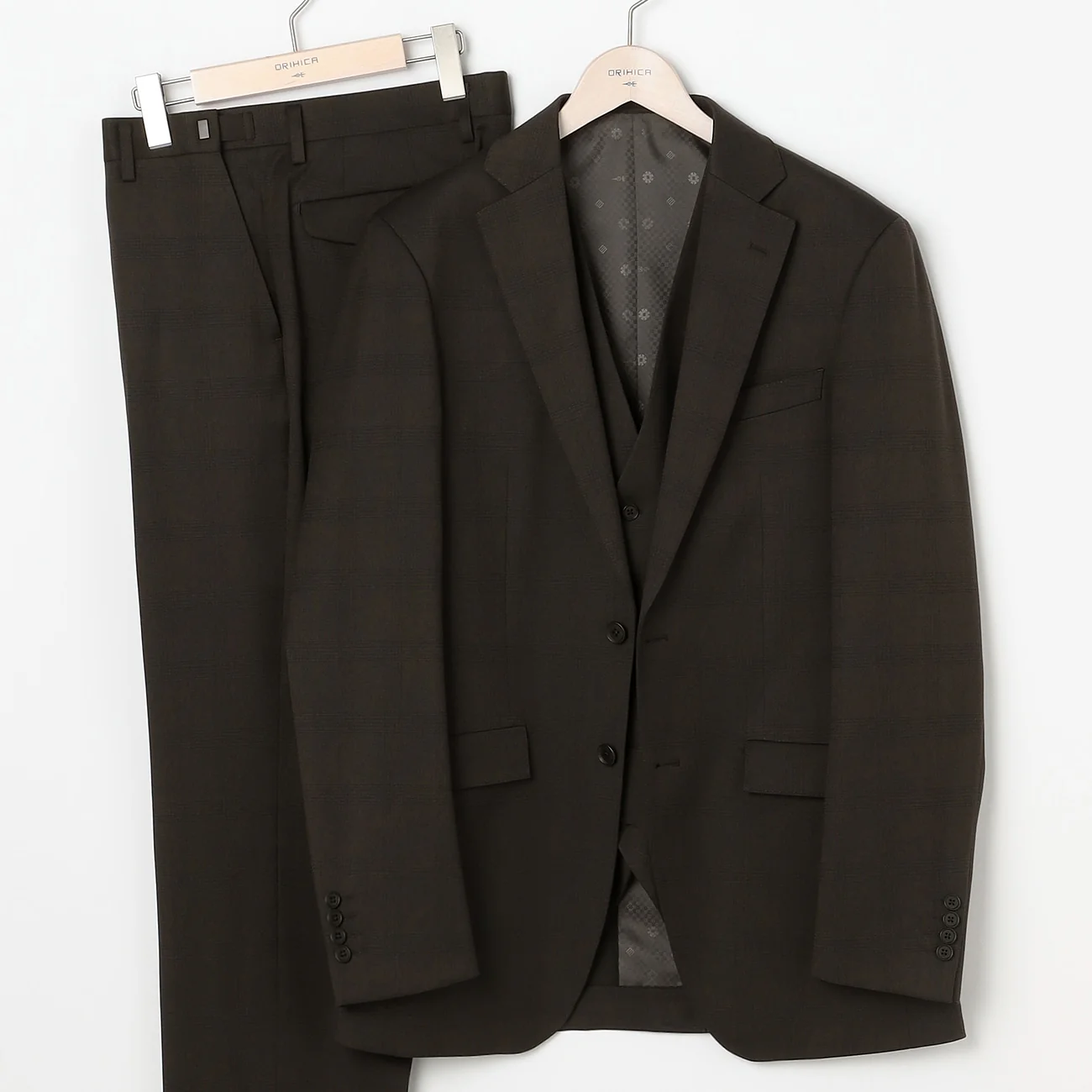 Check Wool Blend 3-Piece Suit with Side Adjuster - Brown - Image 7