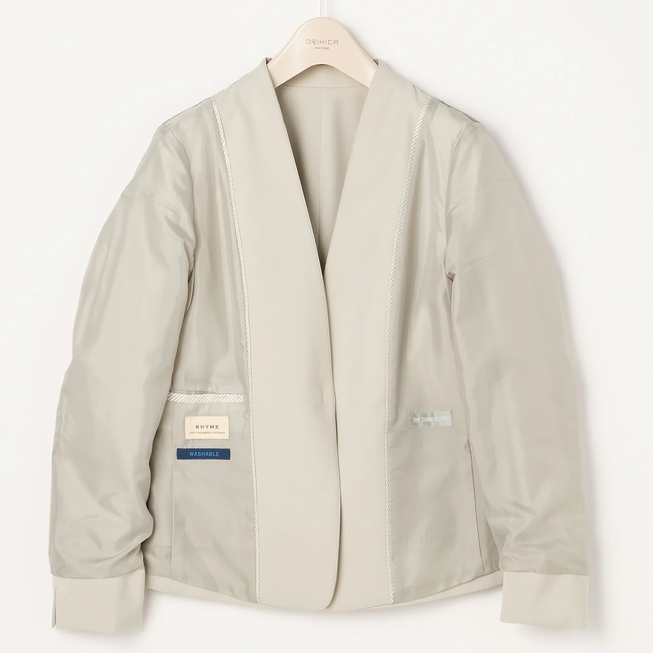 THE THIRD SUITS Double Cloth Collarless Jacket - Beige - Image 13