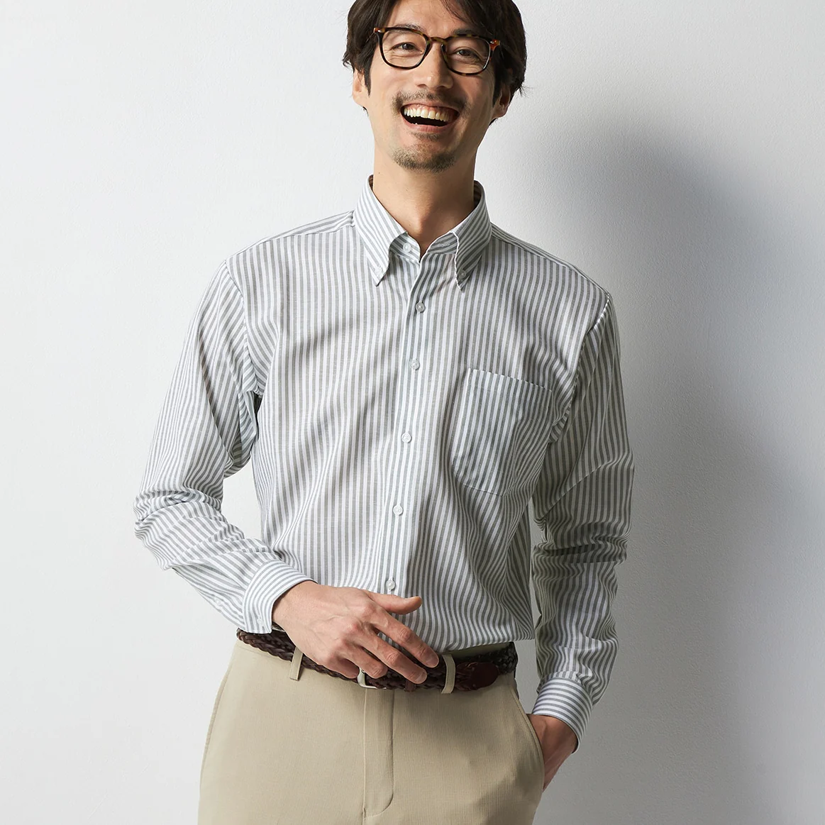 Super Cool Non-Iron Linen Blend Button-Down Striped Shirt - Khaki
