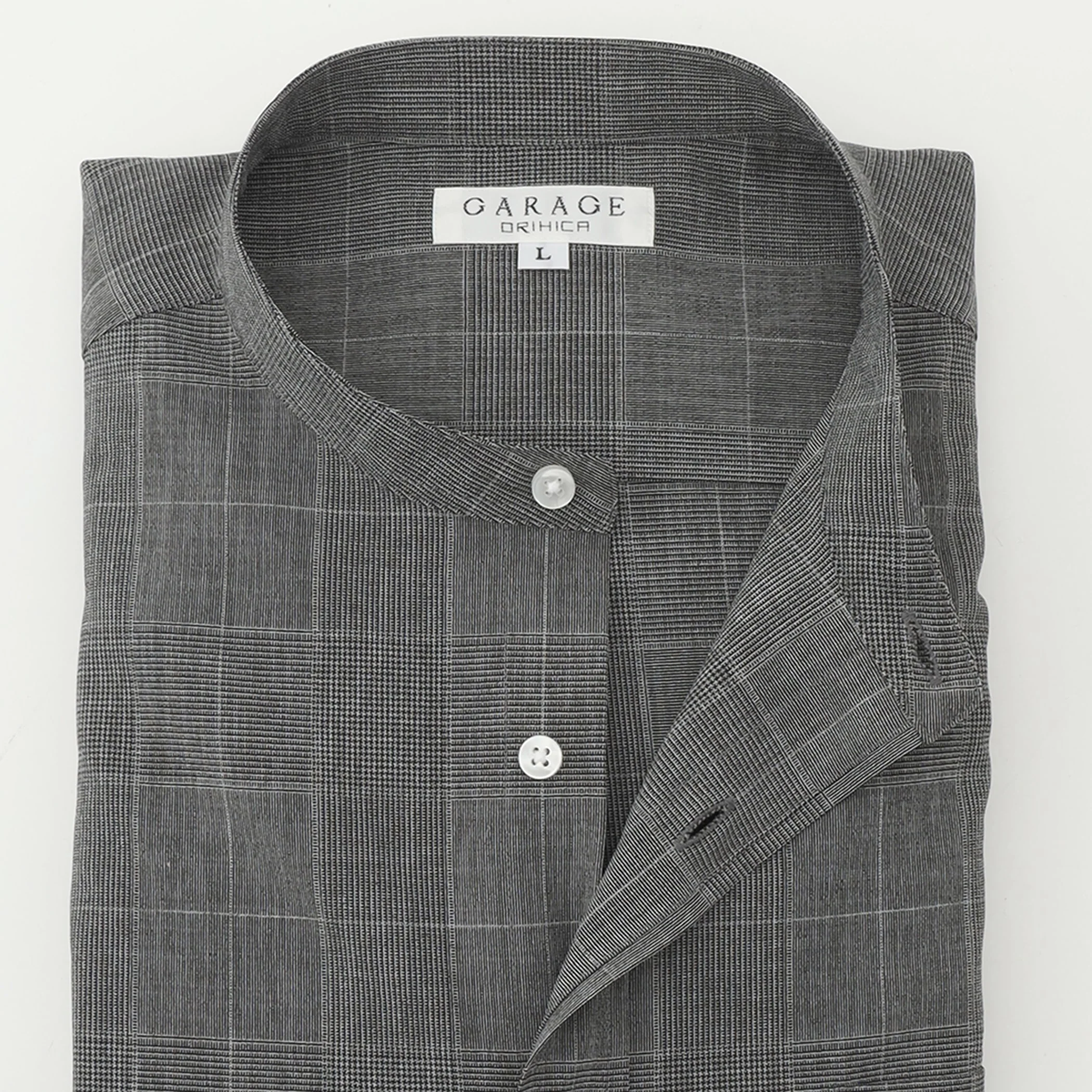 Business Casual Non-Iron Check Band Collar Shirt - Gray - Image 6