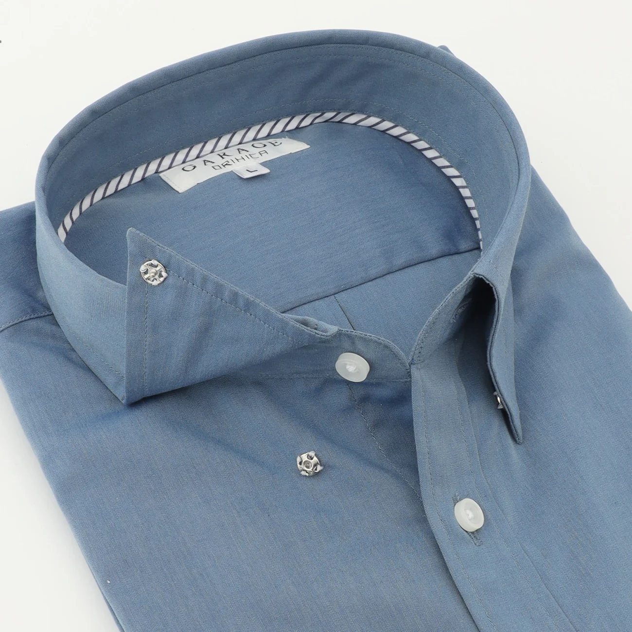 Business Casual Non-Iron Denim-Like Snap-Down Shirt - Blue - Image 7