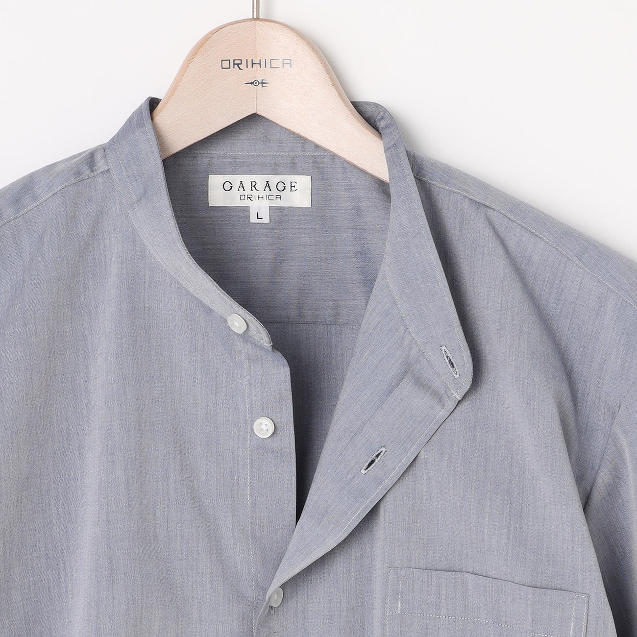 Business Casual Non-Iron Denim-Like Band Collar Shirt - Blue - Image 4