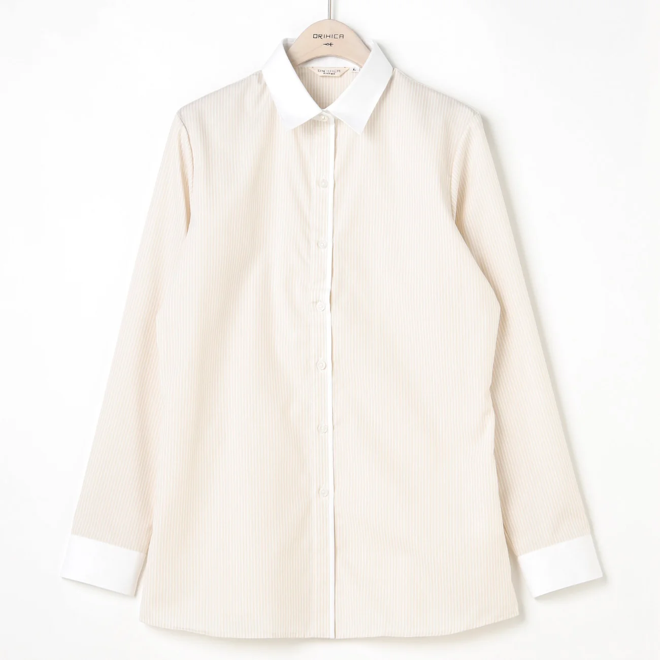 Super Non-Iron Cotton Contrast Collar Shirt - Beige - Image 3