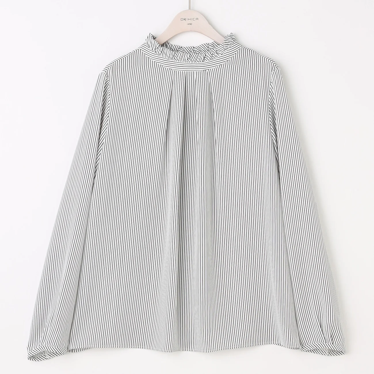 Stand Frill Stripe Blouse - Navy - Image 5