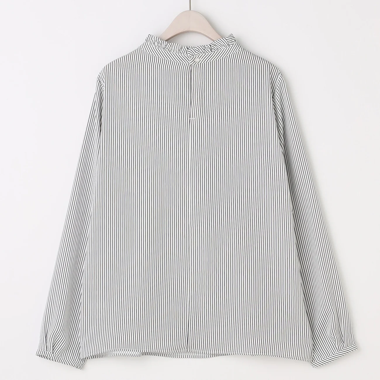 Stand Frill Stripe Blouse - Navy - Image 6