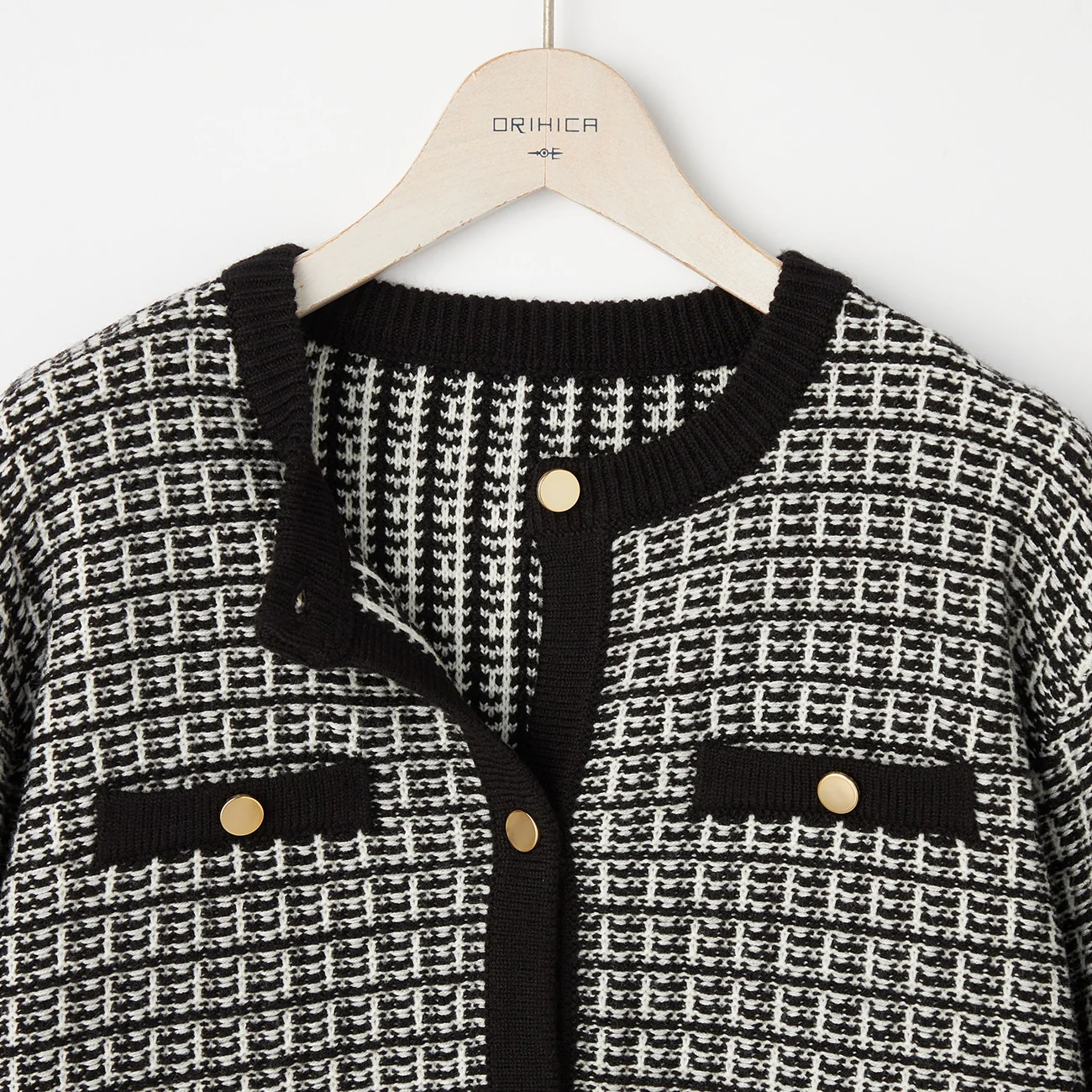 Tweed-like Knit Jacket - White/Black - Image 8